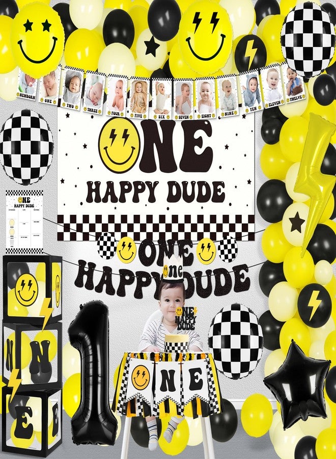 Kriyokiaa One Happy Dude 1st Birthday Decorations for Boy Smile Face Balloons Arch High Chair Banner Backdrop Birthday Party Supplies Backdrops - Image 4